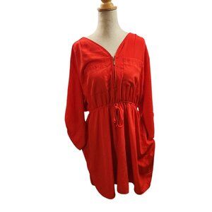 Rue 21 Women Red Zip-Front Dress 1X Elastic Waist RollUp Sleeves & Chest Pockets